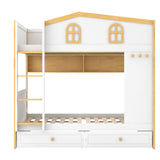 Full over Full Bunk Bed Kid Playful House Bed with Storage Shelves & Drawers, White+Natural