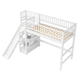 Twin Size Loft Bed with LED Lights, Storage Staircase & Slide, White