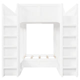 Triple Bunk Bed with Built-In Storage Shelves & Hooks, Loft Bed Frame with Safety Guardrails, Twin+Twin over Twin XL, White