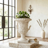 Classical Scrollwork Relief Urn Planter, Weather-Resistant Outdoor Flower Pot Patio Decorative Vase for Garden Entryway, Antique White