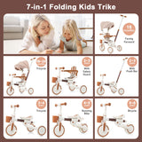 7 in 1 Stroller Baby Tricycle for 18-72 Months, Multifunctional Toddler Trike with Removable Push Rod, Canopy & Guardrail, Ivory
