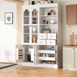 75" Tall Freestanding Buffet with Hutch, Kitchen Pantry Cabinet with 4 Drawers, Glass Doors, Pull-out Trays, White
