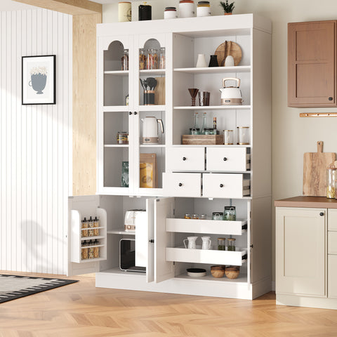 75" Tall Freestanding Buffet with Hutch, Kitchen Pantry Cabinet with 4 Drawers, Glass Doors, Pull-out Trays, White
