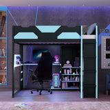 Full Size Gaming Loft Bed with Desk, RGB LED Lights & USB Charging, Wood Bed Frame, Multi-Storage Wardrobe & Pegboard