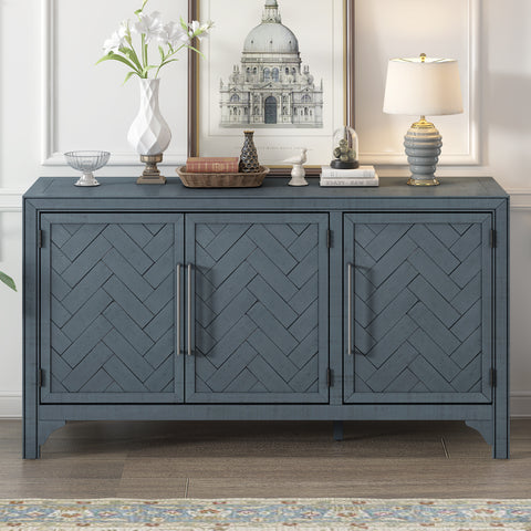 60"W American Retro Sideboard with Adjustable Shelves, Storage Cabinet with 3 Doors for Living Room, Entrance and Study Room, Navy Blue