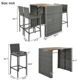 5 PCS Outdoor Patio Acacia Wood Top Wicker Bar with Bar Stools and Removable Cushions,Gray