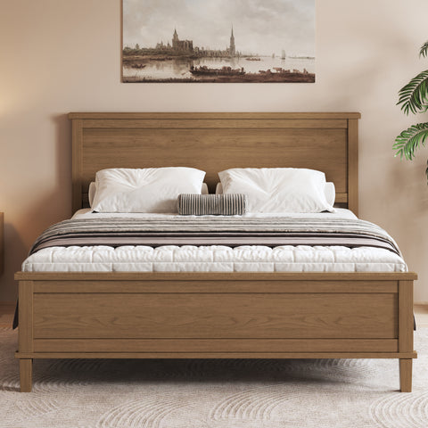 Queen Size Platform Bed Frame with Headboard and Wood Slat Support, Brown-ModernLuxe