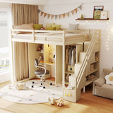 Full Size Loft Bed Frame with Reversible Storage Staircase, Dressing Table, Wardrobe, USB Charging & LED Lights