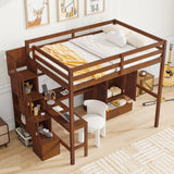Full Size Loft Bed with L-Shaped Desk, USB Ports, Built-In Wardrobe & Storage Staircase