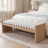 Upholstered Bench Cushioned Ottoman Bed End Bench Padded Entryway Bench Dining Bench Footrest Stool with Rolled Cushion, Teak+ Beige