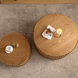 Set of 2 Vintage Cylindrical Nesting Coffee Table Set with Vertical Textured Embossed Design for Living Room, Office and Bedroom, Natural