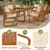 7pcs Outdoor Dining Set for 6, Patio Dining Table and Chairs Set with Water Resistant Cushion, Weather-Resistant Acacia Wood Frame, Brown