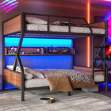 Full over Full Size Metal Bunk Bed with Storage Shelves & Lights, Noise-free Design, Black