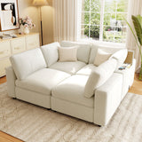 113" Modular Sectional Sofa, Chenille Sofa Couch with Storage, USB/Wireless Charging & Bluetooth Speaker, Beige