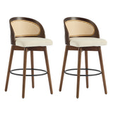 Set of 2 360° Swivel Rubberwood Barstools Counter Stools, PU Cushioned Seat with Rattan Backrest