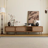 TV Stand for up to 85" TV, Entertainment Center with Open Shelves & Rattan Doors, Console Table, Walnut