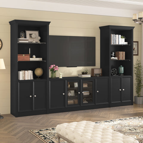 128"W Entertainment Center for TVs up to 80", Modern TV Stand Media Console Wall Unit with Glass Display Shelves