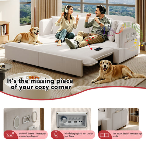 3-in-1 Pull-out Sleeper Sofa Bed with Bluetooth Speaker, USB Ports, Pillows & Side Pockets, Recliner Convertible Sofa Lounge Couch, Beige