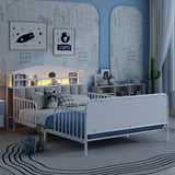 Full Size Metal Platform Bed Frame Kid Bed with Upholstered Headboard, Reversible Side Rail, LED Lights