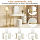 Luxury Makeup Vanity Desk with 3-Color LED Mirror & Stool, Adjustable Length Vanity Table with Movable Side Cabinet, 6 Drawers Storage, Marble-Look Sticker Top, PU Leather Drawers, Gold Stainless Steel