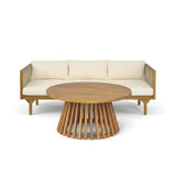 2-Piece Outdoor Patio Set: Sofa with Beige Cushions & Light Brown Rope Back + Round Acacia Wood Coffee Table, Teak Finish, Water Repellent, 600 lbs Sofa Capacity