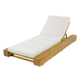 Outdoor Teak Acacia Wood Chaise Lounge with Beige Water-Resistant Cushion - Adjustable Backrest Patio Recliner for Poolside, Deck & Backyard