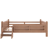 Full Size Floor Bed with Storage Bookcases, Solid Wood Kids Floor Bed with Cute Stairs and Guardrails, No Box Spring Needed, Natural