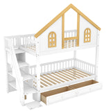 Twin Size Wooden House Roof Bunk Bed with Window Door and Roof,Storage Drawers and Staircase,White+Natural