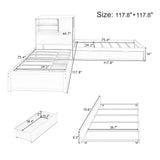 L-Shaped Combination Twin Bed Frame with Trundle and Drawer,3-in-1 Low Corner Platform Bed Linked with Built-in Desk and Led Downlight, Natural