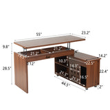 55.1''L, Walnut Home Office L-Shaped Executive Desk , Height Adjustable Desk with Storage Drawers and Cabinet