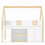 Twin-size low loft bed with Step Staircase, Shelving, Cabinets and LED lights, White and Natural