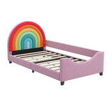 Rainbow Upholstered Daybed Low to The Ground Design Cute Style Princess Bed for Boys & Girls, Teens, Colorful & Pink
