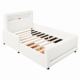 Twin Size upholstered platform bed with drawer, LED light strip, USB port, White