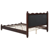 Queen Size Wood Platform Bed with Upholstered Headboard, Espresso Frame+Beige Fabric
