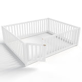 Full Size Bed Floor Bed with Safety Guardrails and Door for Kids,White