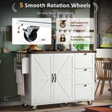 Farmhouse Kitchen Island with Power Outlet, Kitchen Storage Island with Internal Storage Rack, Drop Leaf, Spice Rack, Rolling Kitchen Cart on Wheels, for Home, Kitchen and Dining Room