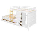 Full Size Bunk Bed with 2 Large Drawers & 5 Small Drawers, MDF & Solid Wood Construction, Modern Storage Design with Small Wardrobe