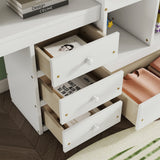 Full Size Loft Wood Bed with Desk, Storage shelves and Drawers, Built-in Ladder, High Loft Bed with Desk, Storage Shelves and Drawers,Guardrails