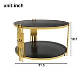 Modern Black Mirror Coffee Table, Asymmetrical Metal, Circular Metal Drum Base, Gold Finish & Lower Shelf