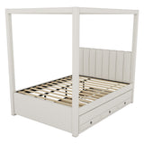 Upholstery Canopy Platform Bed with Trundle and Three Storage Drawers, Beige
