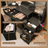 43.5" Vanity Desk with Mirror and Lights, Fluted Makeup Vanity with Charging Station, 5 Drawers and a Glass Door Cabinet, Dressing Table set with Hairdryer Holder and Storage Stool for Bedroom, Black