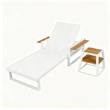 Patio Chaise Lounge Set with 4-Position Adjustable Back, Side Table&Foldable Arm, Rust-resistant Outdoor Recliner Lounger Daybed,Teak,White