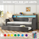 Twin Size Daybed with Trundle Bed, Upholstered Daybed with Charging Station and LED Lights
