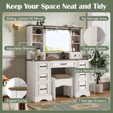 47.2" Farmhouse Makeup Vanity Desk with Sliding Mirror, Large Vanity Set with LED Lights, Dressing Table with Storage Stool and 9 Drawers, Ample Storage, White and Brown