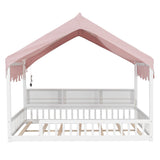 Full Size Wooden Floor Bed,House-Shaped Daybed with Fense,3 Storage Bookshelves,Curtain and LED Light
