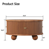 Round Fluted Coffee Table with Storage, Pine Solid Wood, Sliding Door