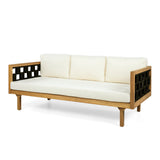 Three-Seater Outdoor Daybed with Beige Cushions & Black Flat Rope, Acacia Wood Frame Teak Finish, 67.5'' L x 32'' W x 24.24'' H Patio Garden Deck Lounge Sofa for Outdoor