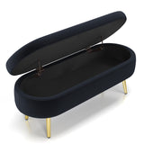 Ottoman Oval Storage Bench, Flannel with Metal Legs-Black