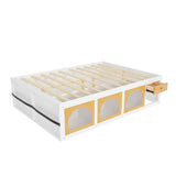 Queen Size Wooden Platform Bed with Bookshelf, Display Cabinet, LED Light and Drawer, White+Natural