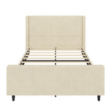 High Headboard Corduroy Upholstered Bed Frame with Vertical Stripe Wingback and High Footboard No Box Spring Needed